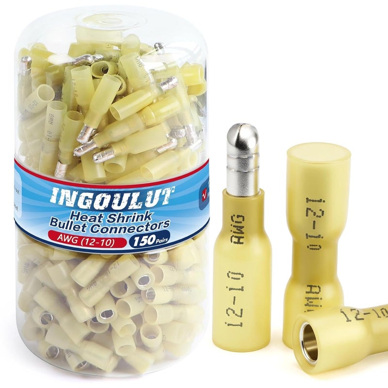Ingoulut 150 Pairs Heat Shrink Bullet Connectors,12-10 Gauge Wire Butt Waterproof Quick Disconnect Male & Female Electrical Butt Terminals Kit for Automotive,Boat,Marine Wiring & DIY Wire Repair - Image 1